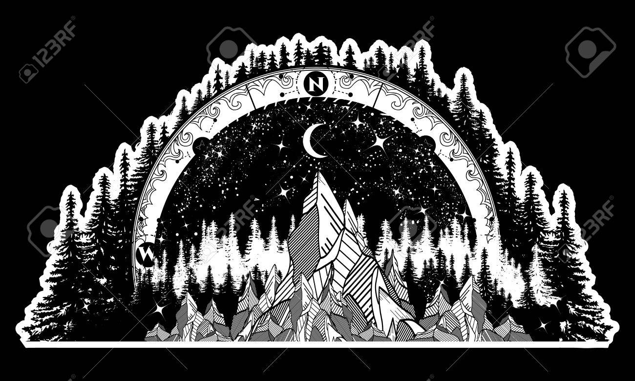 山アンティーク コンパスと風薔薇のタトゥー アドベンチャー 旅行 屋外アートのシンボル 自由奔放に生きるスタイル T シャツのデザインです コンパスや山々 の神秘的なタトゥーのイラスト素材 ベクタ Image