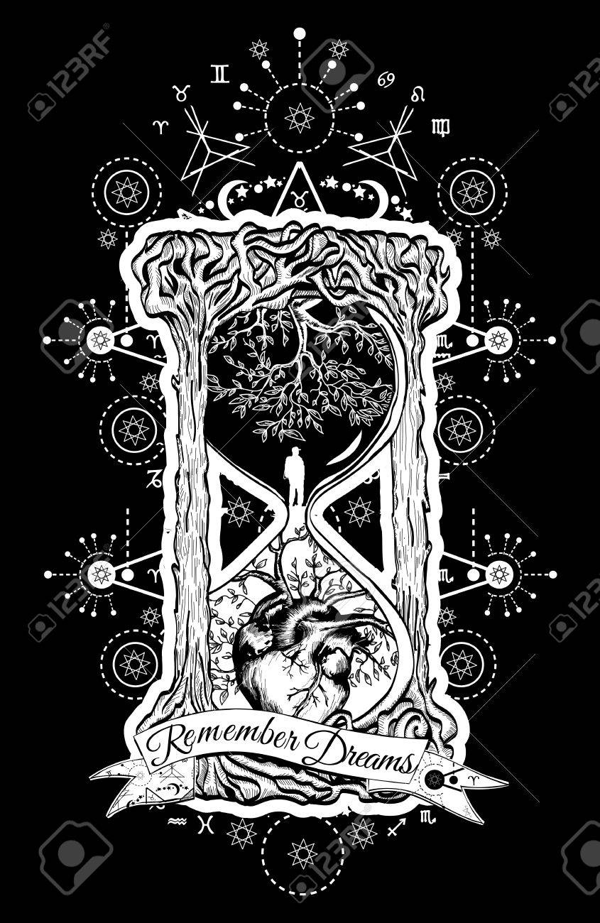 Tree And Heart In Hourglass Symbol Of Life And Death Mystical Tattoo Man In Hourglass Tattoo Evergreen Heart Concept Time Tattoo Slogan Remember Dreams Hourglass Astrological Symbols Tattoo Art Royalty Free Cliparts