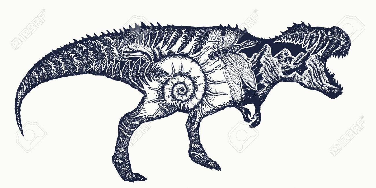 ティラノサウルスの二重露光の入れ墨の芸術 T レックス恐竜モンスター T シャツ デザイン 考古学 古生物学のシンボルです ティラノサウルス シダ アンモナイト トンボ 古代の鉱物のイラスト素材 ベクタ Image