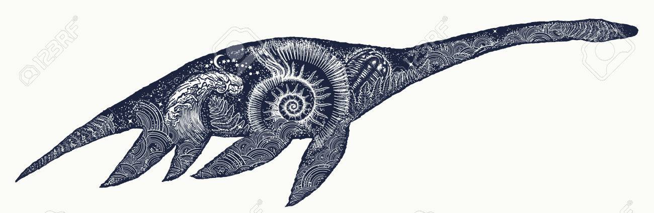 首長竜の入れ墨の芸術 ネス湖の怪獣ネッシー 水中恐竜二重露光 T シャツ デザインのイラスト素材 ベクタ Image