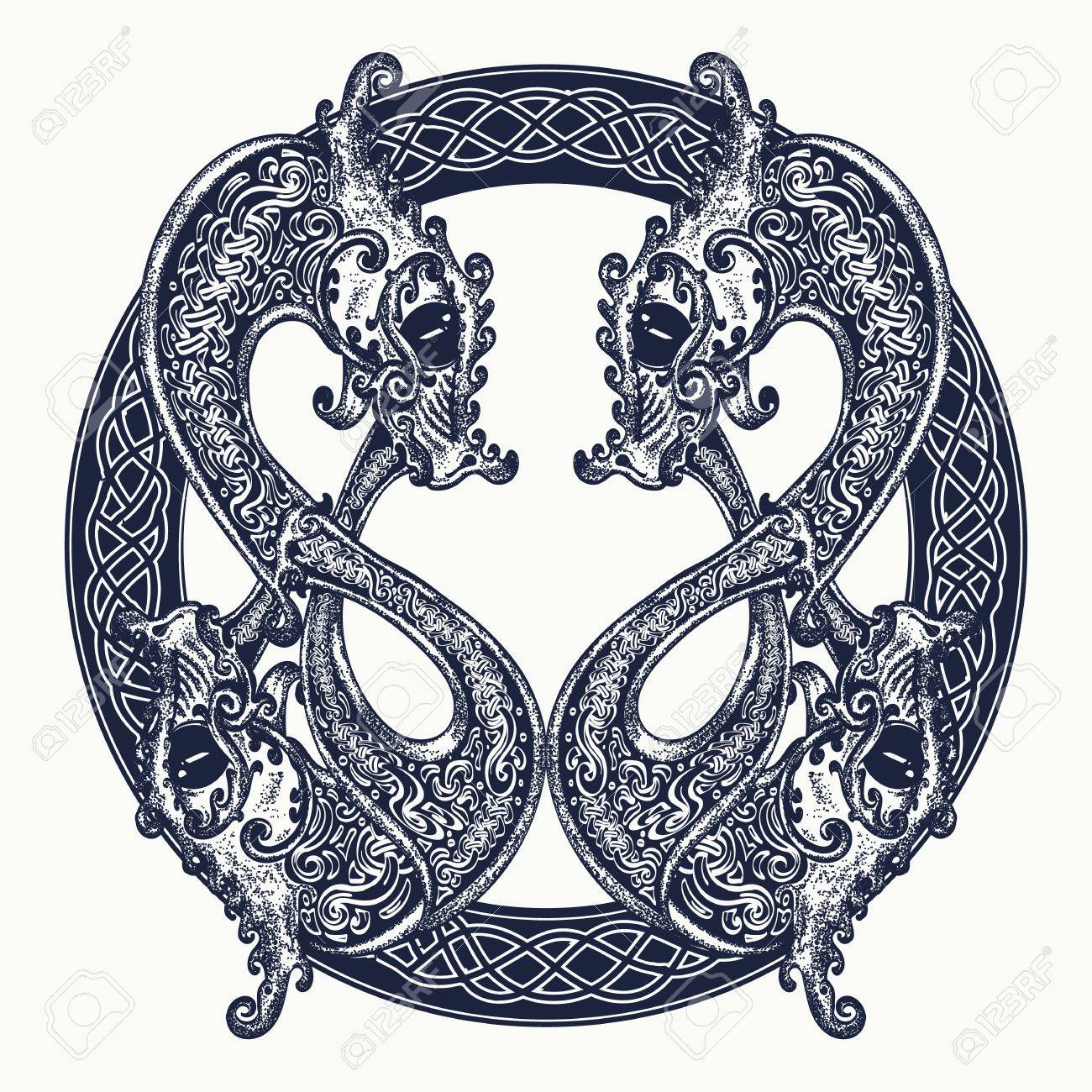 Two Dragons in celtic style, tattoo. Meditation, philosophy, harmony symbol. Black and white celtic dragon t-shirt design. Tribal tattoo - 77841309 Two Dragons in celtic style, tattoo. Meditation, philosophy, harmony symbol. Black and white celtic dragon t-shirt design. Tribal tattoo - 77841309