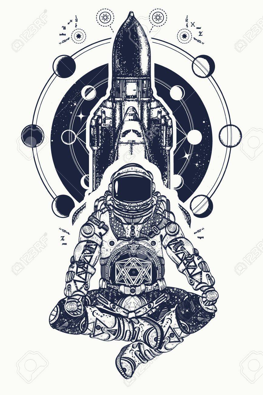 Space shuttle and astronaut in lotus position tattoo art. Symbol of meditation, education, science, harmony, yoga. Astronaut and Universe t-shirt design. Spaceman and shuttle - 78086090 Space shuttle and astronaut in lotus position tattoo art. Symbol of meditation, education, science, harmony, yoga. Astronaut and Universe t-shirt design. Spaceman and shuttle - 78086090