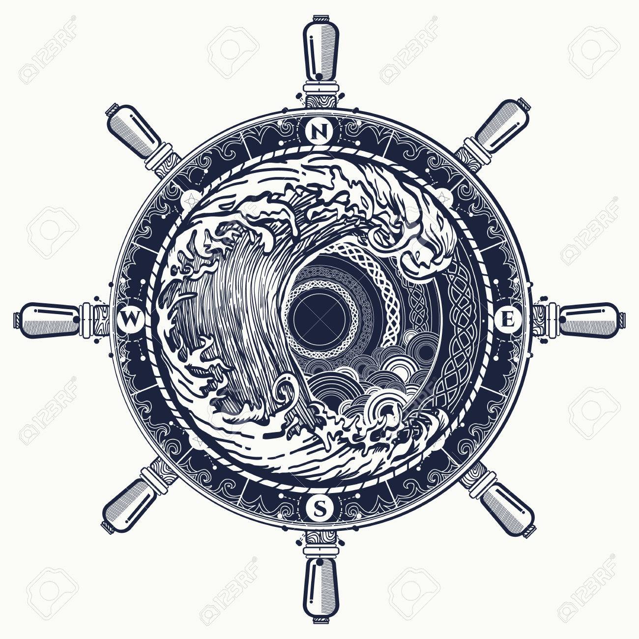 Sea compass and storm tattoo celtic style. Great outdoors. Tsunami waves tattoo. Big wave and rose compass t-shirt design. Symbol of adventures boho style - 78086078 Sea compass and storm tattoo celtic style. Great outdoors. Tsunami waves tattoo. Big wave and rose compass t-shirt design. Symbol of adventures boho style - 78086078