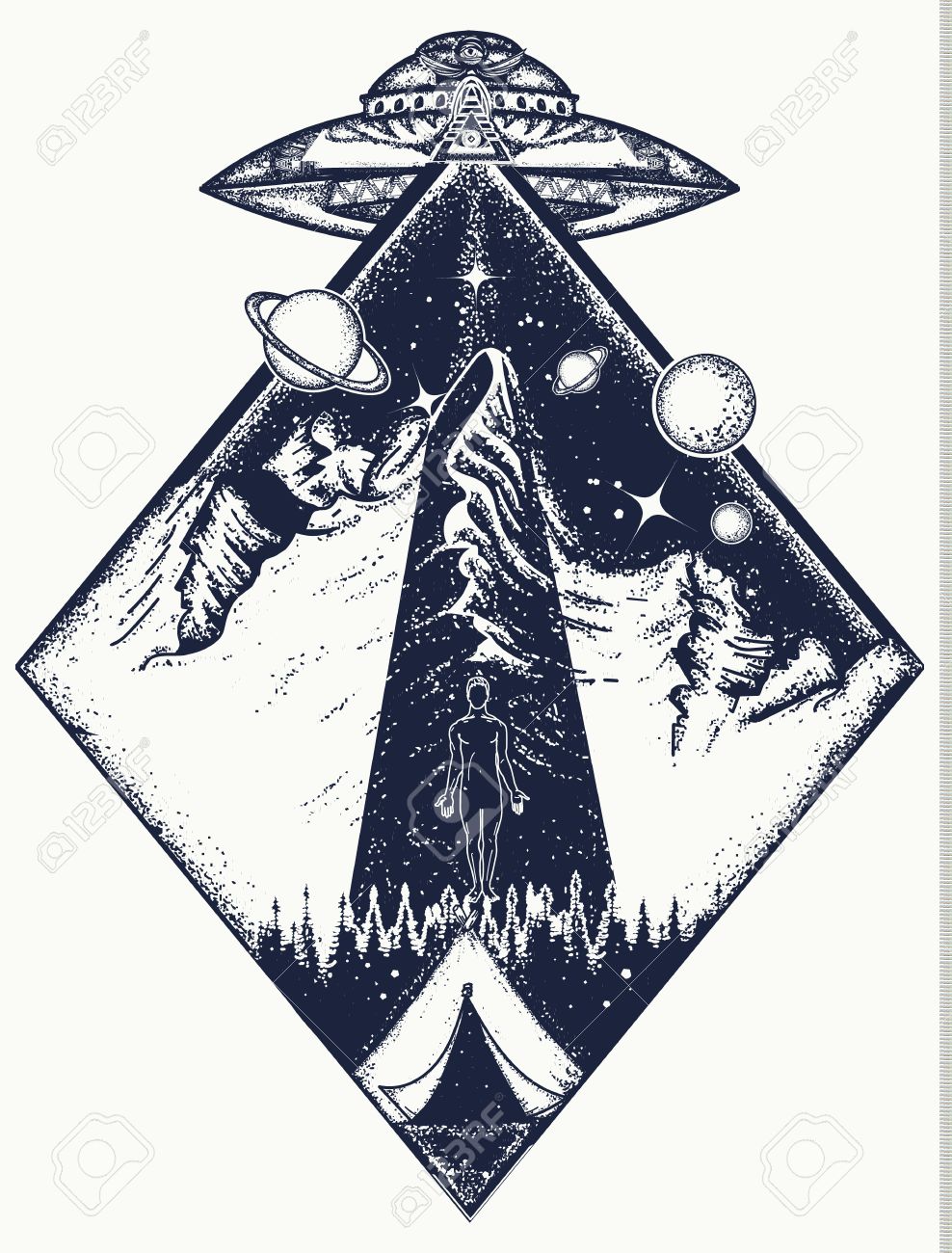 UFO tattoo art and t-shirt design. Invasion of aliens. Aliens kidnap human. Mystical symbol paranormal phenomena, first contact, UFO kidnapped tourist from tent in mountains tattoo - 78600935 UFO tattoo art and t-shirt design. Invasion of aliens. Aliens kidnap human. Mystical symbol paranormal phenomena, first contact, UFO kidnapped tourist from tent in mountains tattoo - 78600935