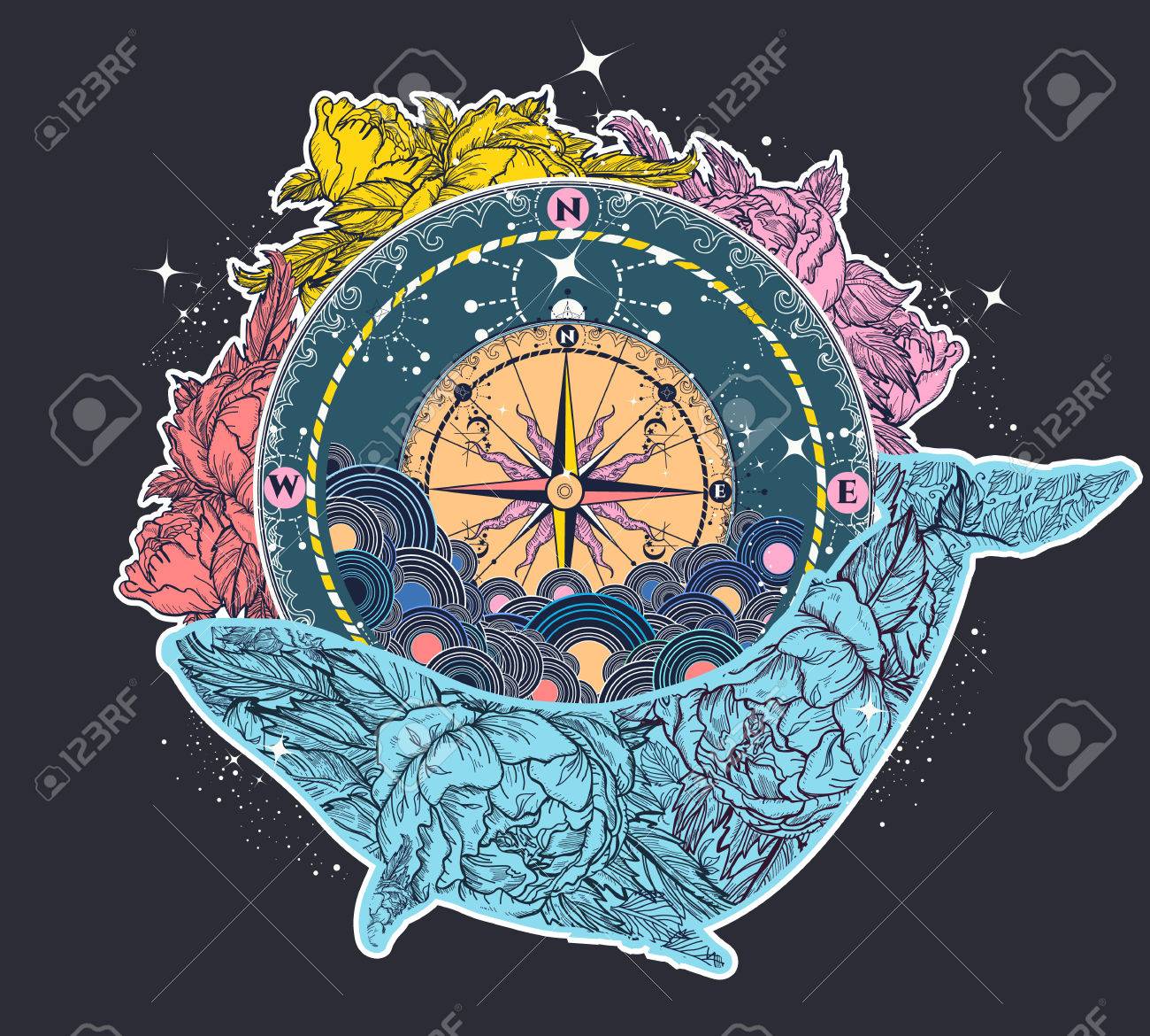 Antique compass and floral whale tattoo art. Mystical symbol of adventure, dreams. Compass and Whale t-shirt design and color tattoo. Travel, adventure, outdoors symbol whale, marine tattoo - 79178684 Antique compass and floral whale tattoo art. Mystical symbol of adventure, dreams. Compass and Whale t-shirt design and color tattoo. Travel, adventure, outdoors symbol whale, marine tattoo - 79178684