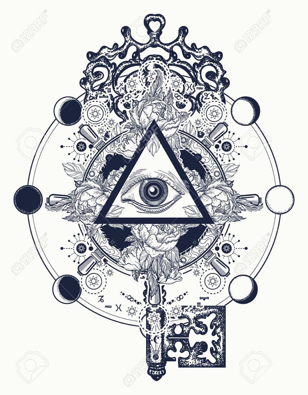 Freimaurerauge Und Schlusseltatowierung Symbole Freimaurer Und Spirituelle Symbole Alchimie Mittelalterliche Religion Okkultismus Spiritualitat Und Esoterische Tatowierung Magisches Auge Rosen Und Lenkrad T Shirt Design Lizenzfrei Nutzbare