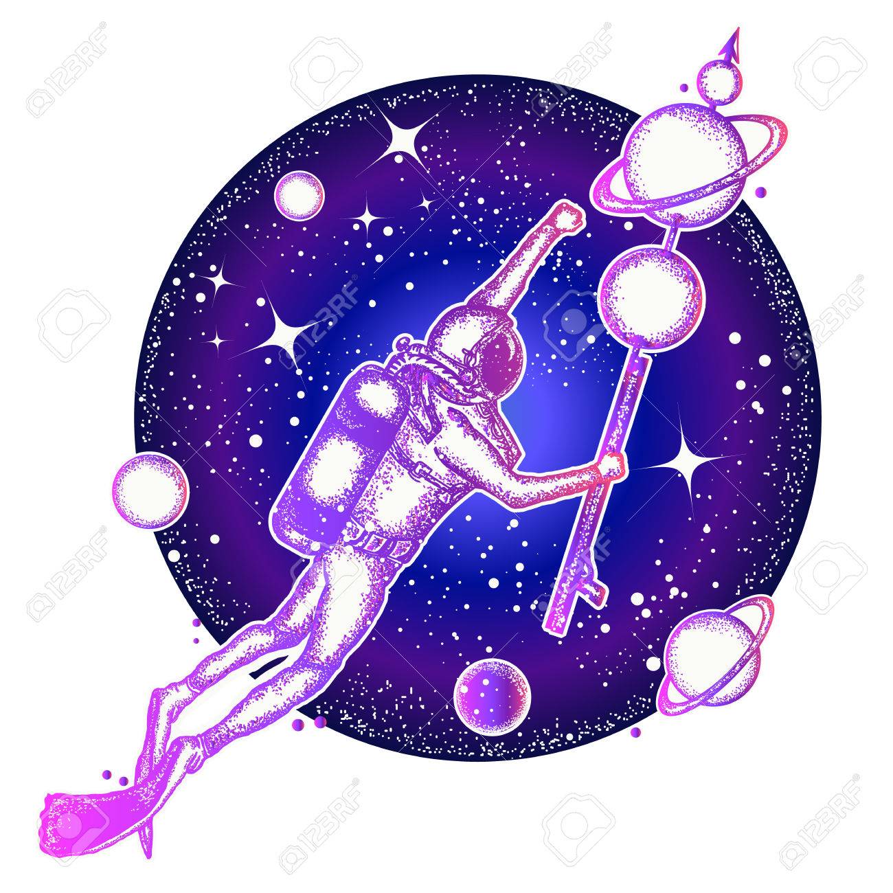 Space diver floats in space tattoo art. Symbol of science, research, travel. Astronaut in deep space t-shirt design. Diver catches planets in space - 82233347 Space diver floats in space tattoo art. Symbol of science, research, travel. Astronaut in deep space t-shirt design. Diver catches planets in space - 82233347