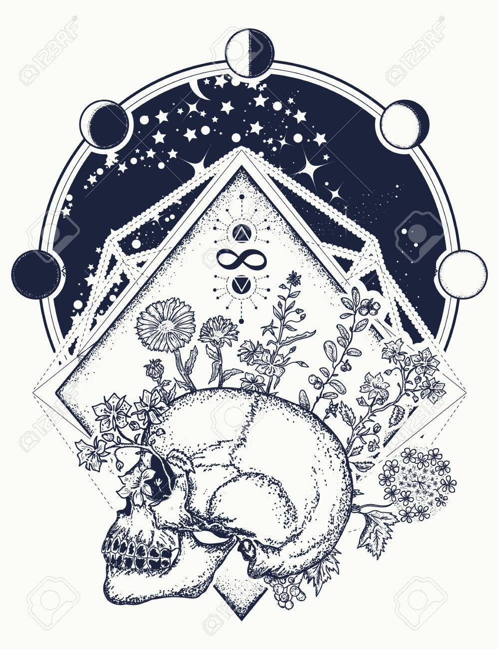 Human Skull Through Which Flowers Tattoo Art Psychology