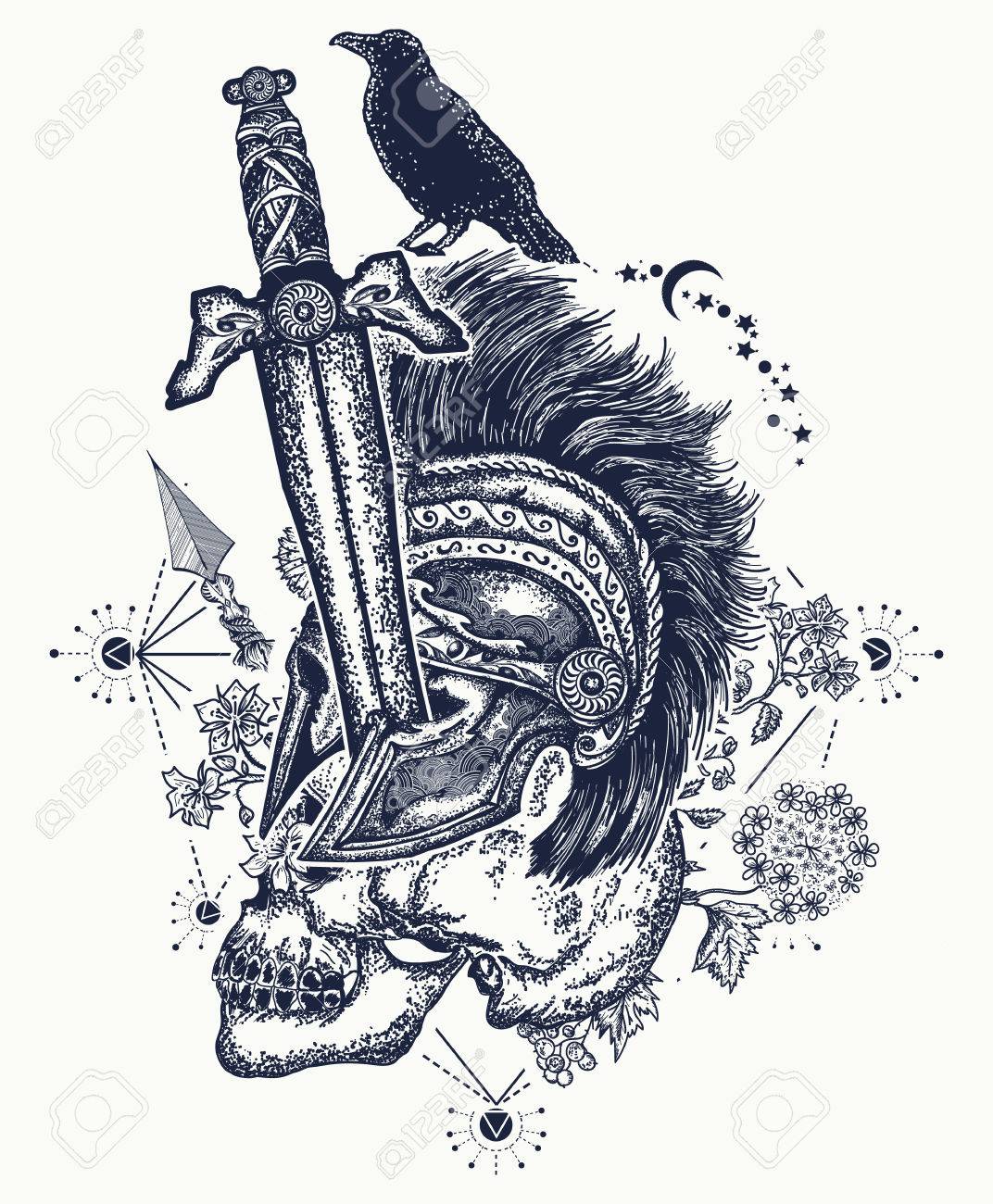 Soldiers skull tattoo. Ancient soldier is killed with sword, medieval sword has pierced spartan's warrior. Gothic tattoo, symbol of life and death, good and evil, light and gloom t-shirt gothic design - 82233361 Soldiers skull tattoo. Ancient soldier is killed with sword, medieval sword has pierced spartan's warrior. Gothic tattoo, symbol of life and death, good and evil, light and gloom t-shirt gothic design - 82233361