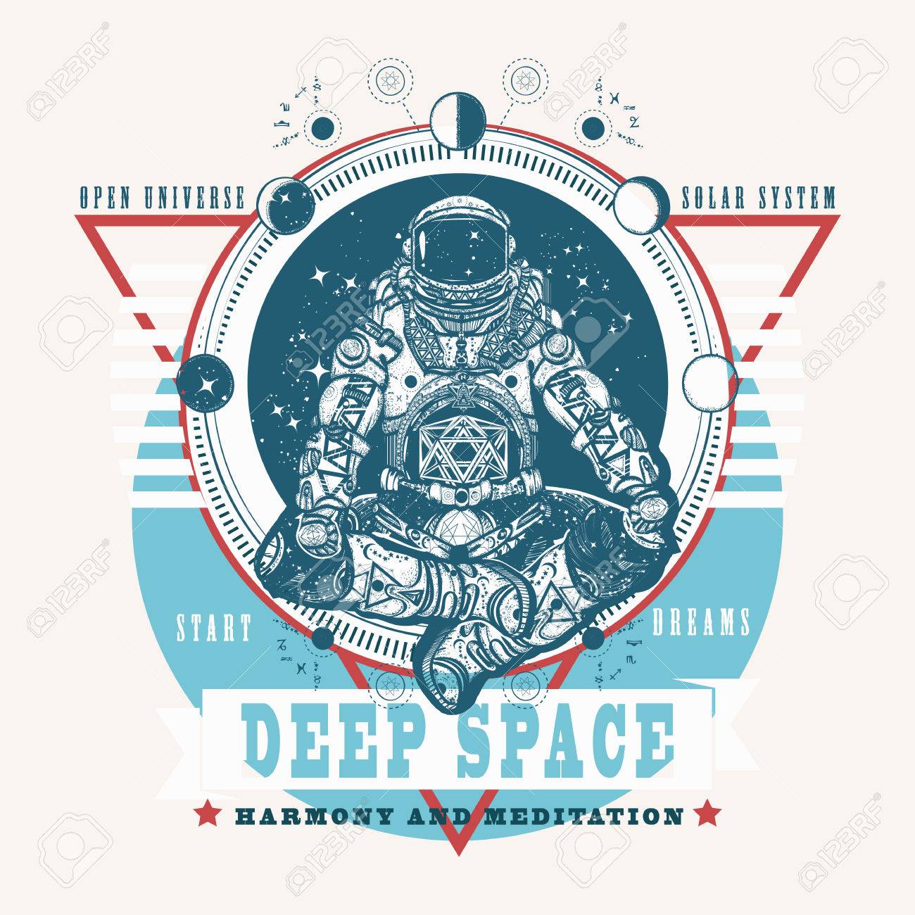Astronaut in the lotus position t-shirt design. Symbol of meditation, harmony, yoga. Astronaut and Universe t-shirt print. Spaceman silhouette sitting in lotus pose of yoga print art - 83107377 Astronaut in the lotus position t-shirt design. Symbol of meditation, harmony, yoga. Astronaut and Universe t-shirt print. Spaceman silhouette sitting in lotus pose of yoga print art - 83107377