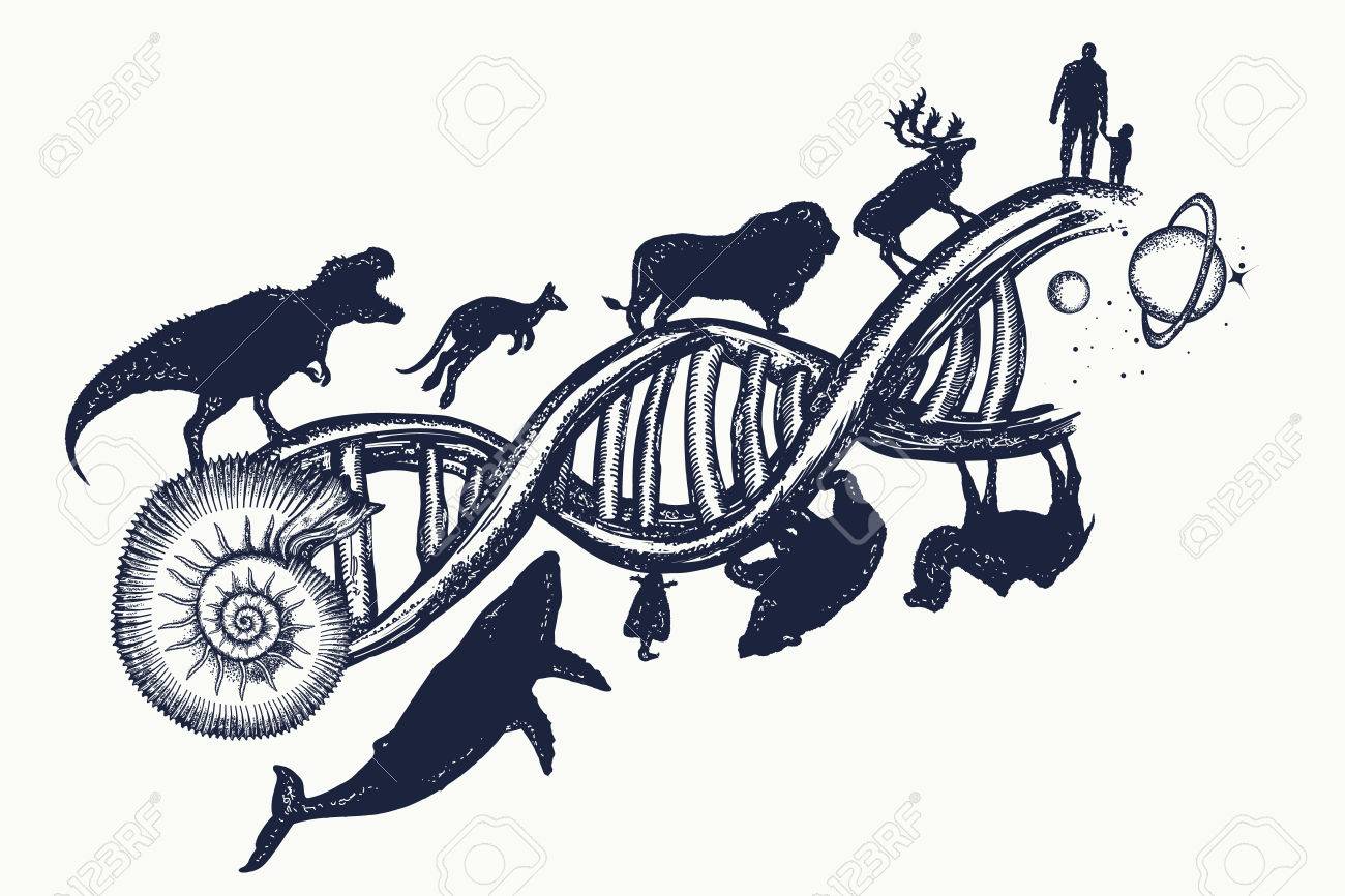 Evolution tattoo. DNA concept. Evolution scale from unicellular organism to mammals. Symbol of science, education, medical technologies. People and animals on DNA chains, surreal t-shirt design - 83487034 Evolution tattoo. DNA concept. Evolution scale from unicellular organism to mammals. Symbol of science, education, medical technologies. People and animals on DNA chains, surreal t-shirt design - 83487034