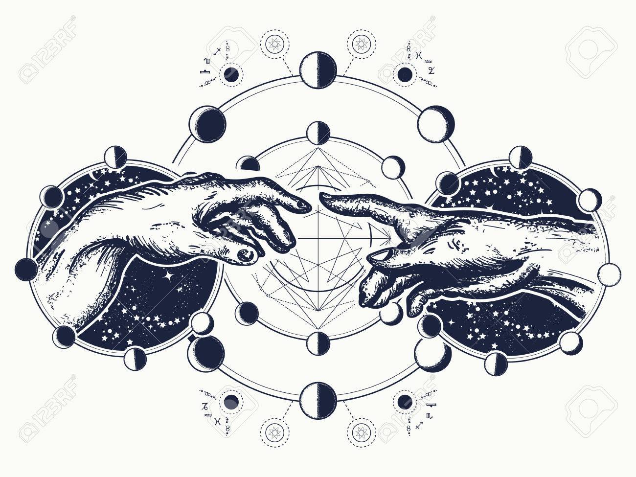 Hands tattoo Renaissance. Bog and Adam, symbol of spirituality, religion, connection and interaction. Michelangelo God's touch. Human hands touching with fingers tattoo and t-shirt design - 83487060 Hands tattoo Renaissance. Bog and Adam, symbol of spirituality, religion, connection and interaction. Michelangelo God's touch. Human hands touching with fingers tattoo and t-shirt design - 83487060