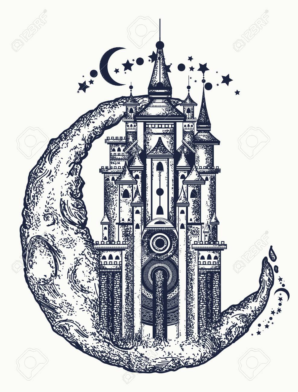 Medieval Building On The Moon Tattoo. Symbol Of The Fairy Tale, Dream, Magic. Medieval Castle T-shirt Design Royalty Free SVG, Cliparts, Vectors, And Stock Illustration. Image 83872550. Medieval Building On The Moon Tattoo. Symbol Of The Fairy Tale, Dream, Magic. Medieval Castle T-shirt Design Royalty Free SVG, Cliparts, Vectors, And Stock Illustration. Image 83872550.