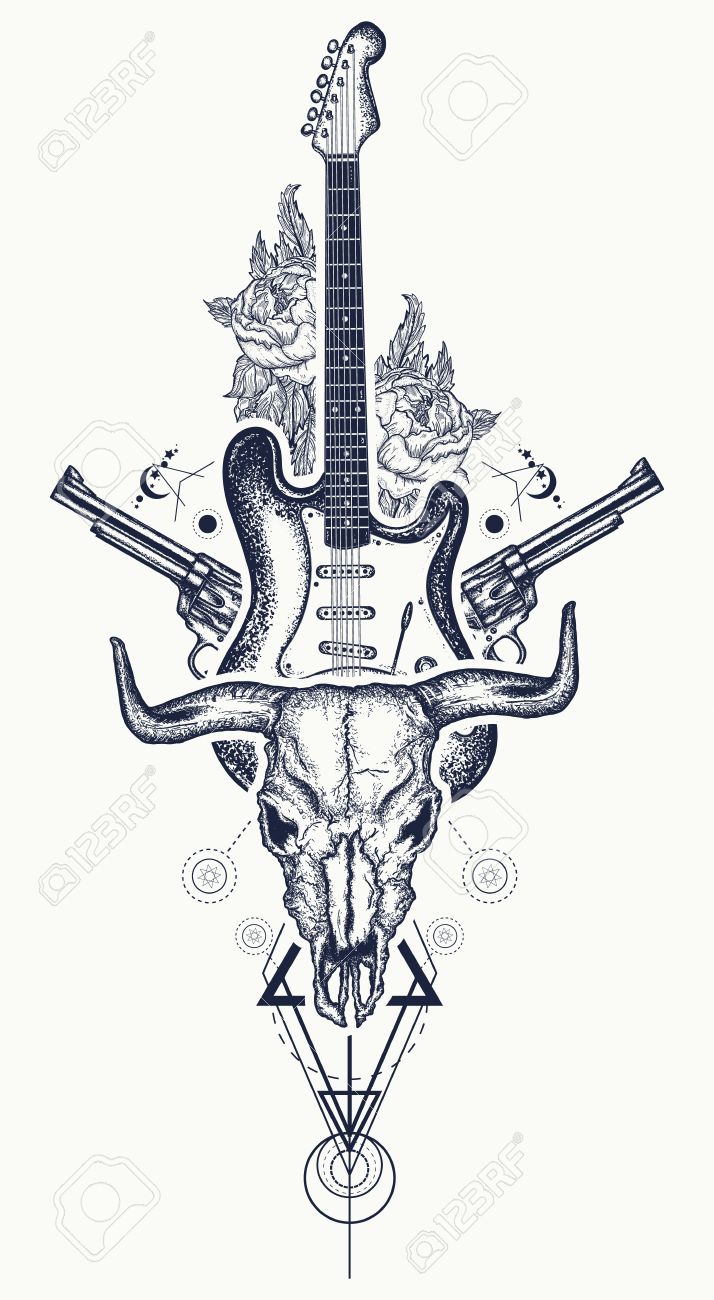 rock and roll tattoo bull skull guns roses electric guitar rock and roll tattoo bull skull guns roses electric guitar