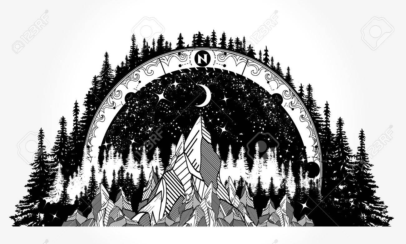 山アンティーク コンパスと風のバラの刺青のイラスト素材 ベクタ Image