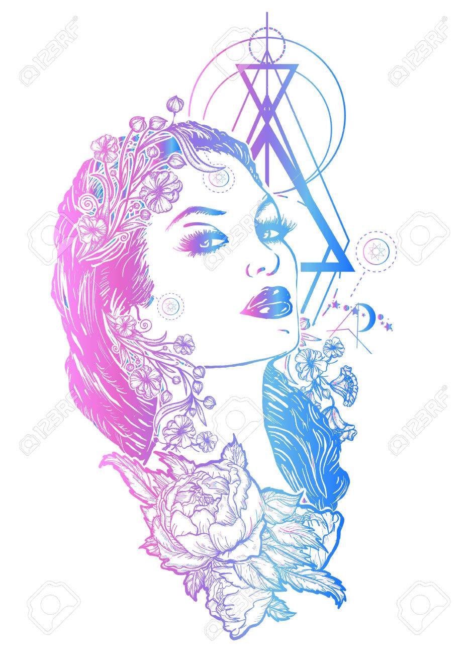 Art Nouveau Woman Tattoo And T Shirt Design Beautiful Glamourous
