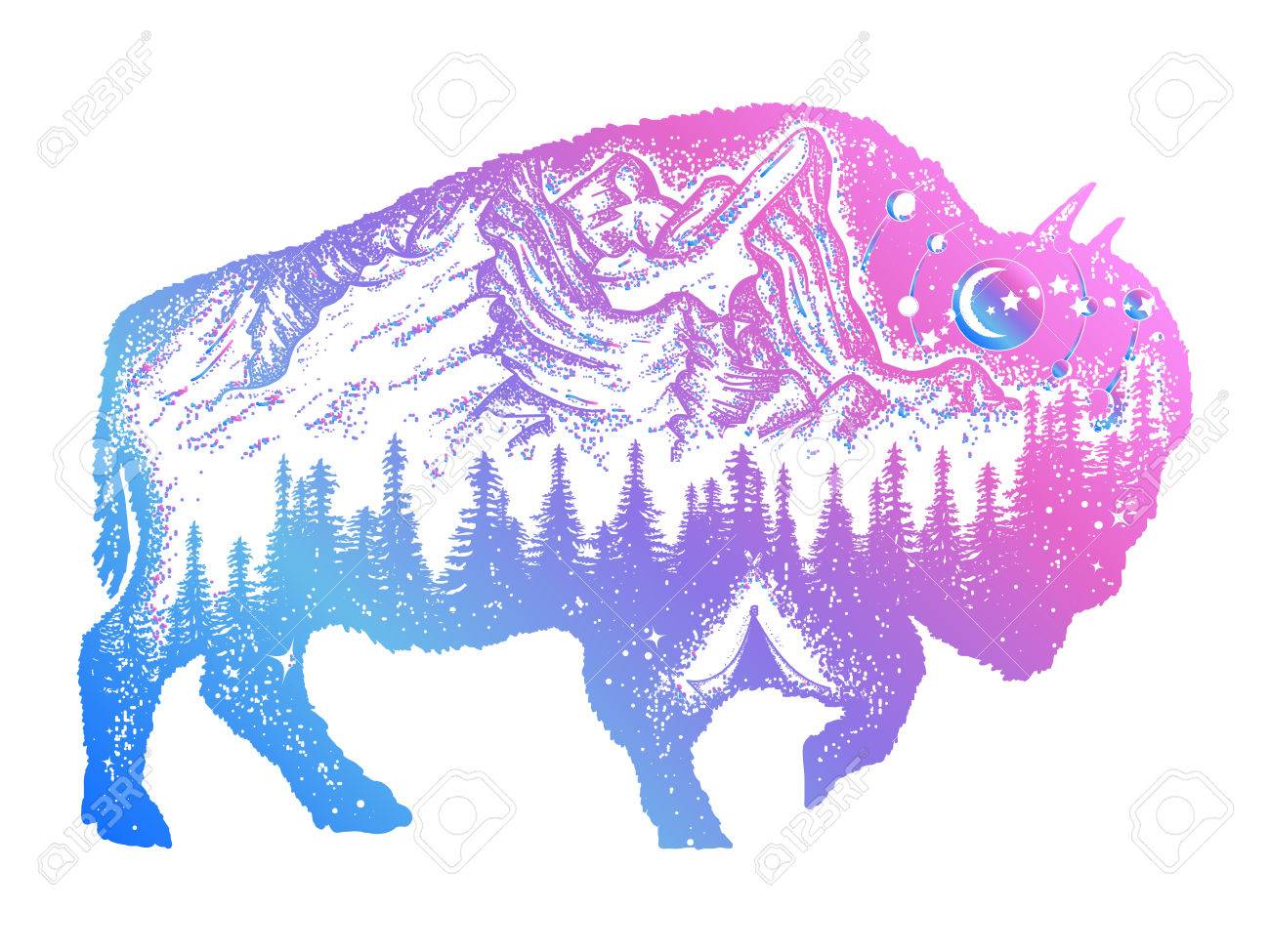 Bison Tattoo Art. Mountain, Forest, Night Sky. Magic Tribal Bison Double Exposure Animals. Buffalo Bull Travel Symbol, Adventure Tourism Royalty Free SVG, Cliparts, Vectors, And Stock Illustration. Image 86176584.