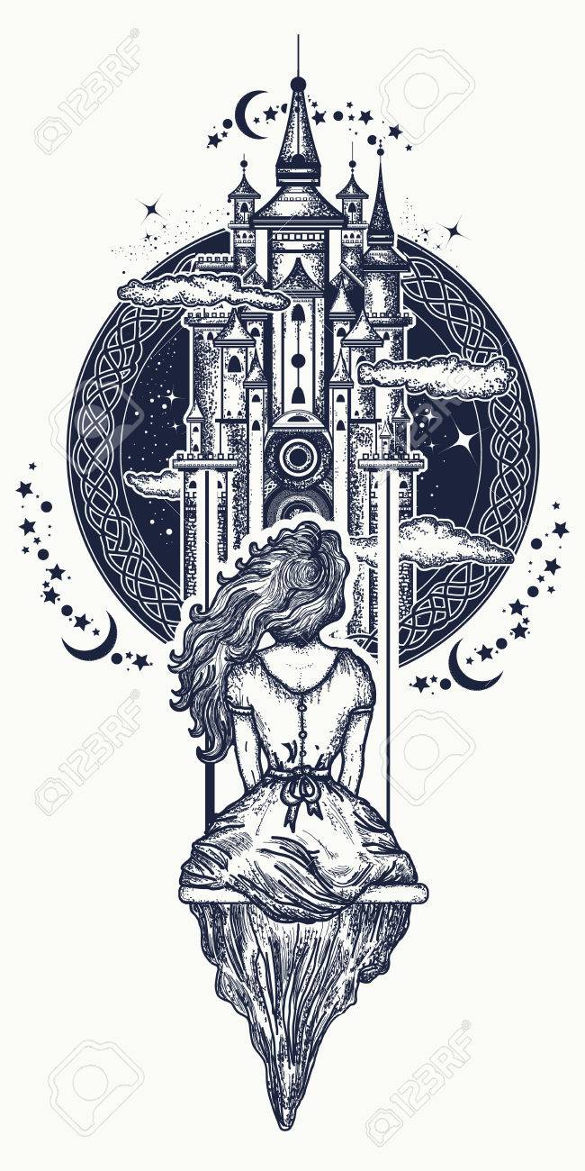 Magic Girl Tattoo And T Shirt Design Medieval Castle And Girl On Swing Flies To Sky Tattoo Art Symbol Of Dream Love Imagination Adventures Fairy Tale Royalty Free Cliparts Vectors And Stock Illustration Magic Girl Tattoo And T Shirt Design Medieval Castle And Girl On Swing Flies To Sky Tattoo Art Symbol Of Dream Love Imagination Adventures Fairy Tale Royalty Free Cliparts Vectors And Stock Illustration
