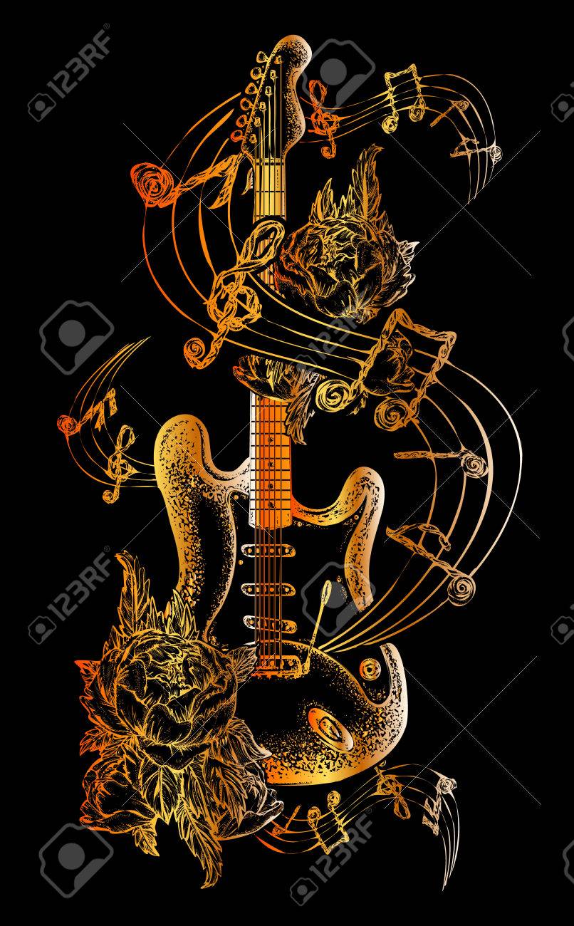 Tatouage De Guitare Guitare Electrique Roses Et Notes De Musique Conception De T Shirt De Rock And Roll Symbole De La Musique Rock Festivals Musicaux Impression D Art De Tatouage De Guitare Electrique Clip