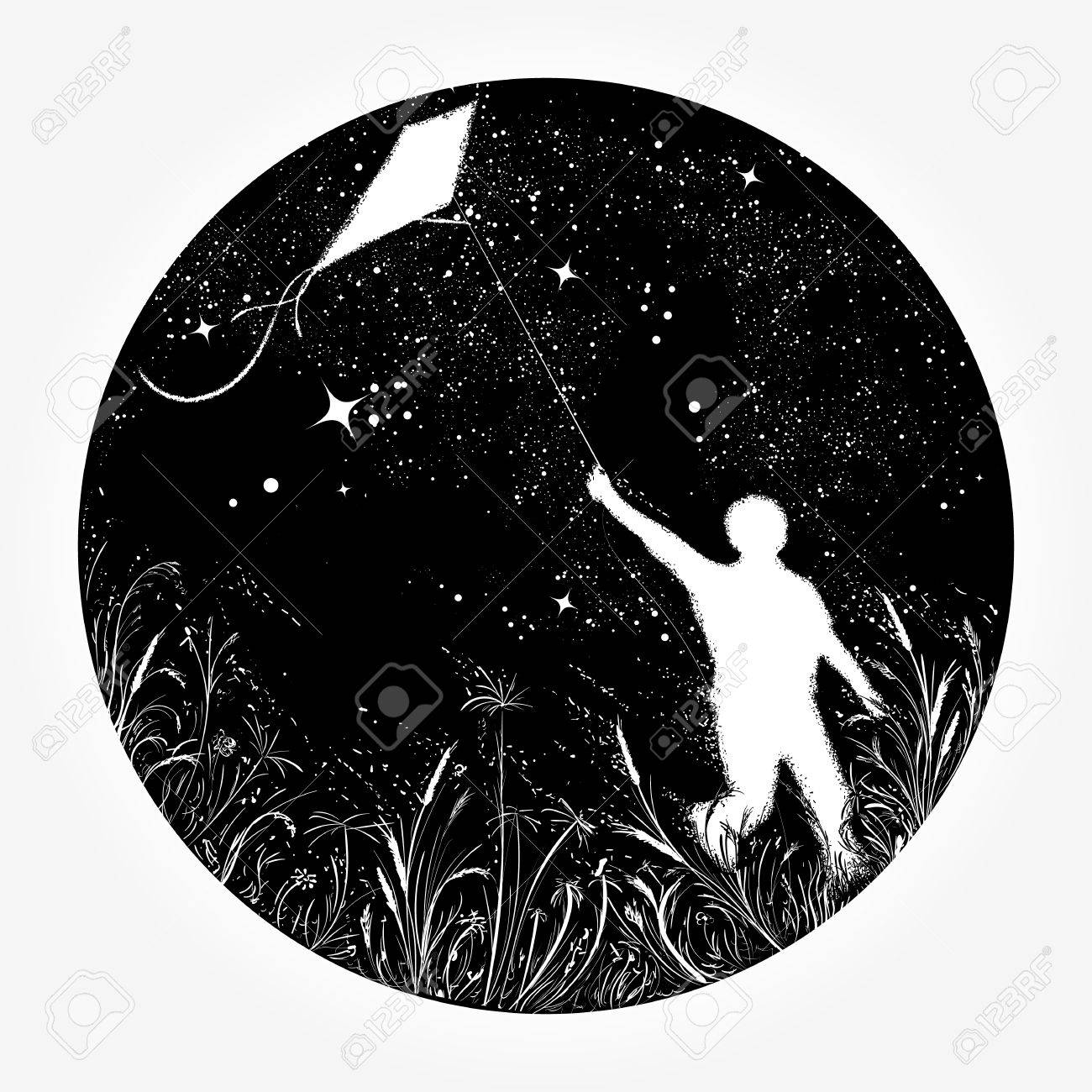 少年宇宙 T シャツ デザインの凧あげ シルエット少年夜空タトゥーでカイトを飛行します 夢 幸福 動機 抱負 自由の象徴のイラスト素材 ベクタ Image 87711819