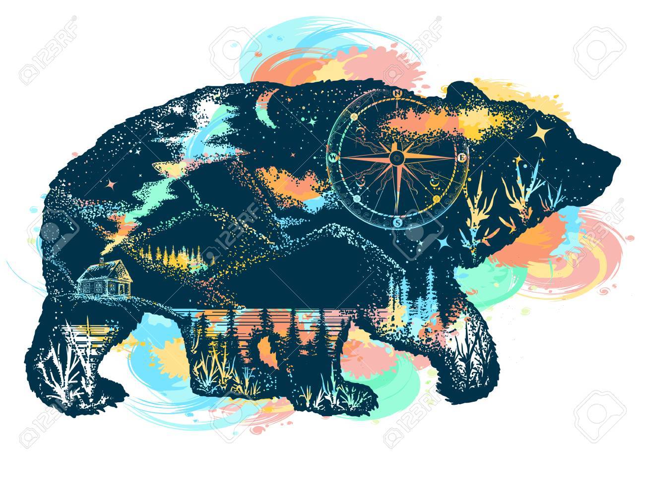 Magic bear double exposure color tattoo art. Mountains, compass. Bear grizzly silhouette t-shirt design. Tourism symbol, adventure, great outdoor - 89056694 Magic bear double exposure color tattoo art. Mountains, compass. Bear grizzly silhouette t-shirt design. Tourism symbol, adventure, great outdoor - 89056694