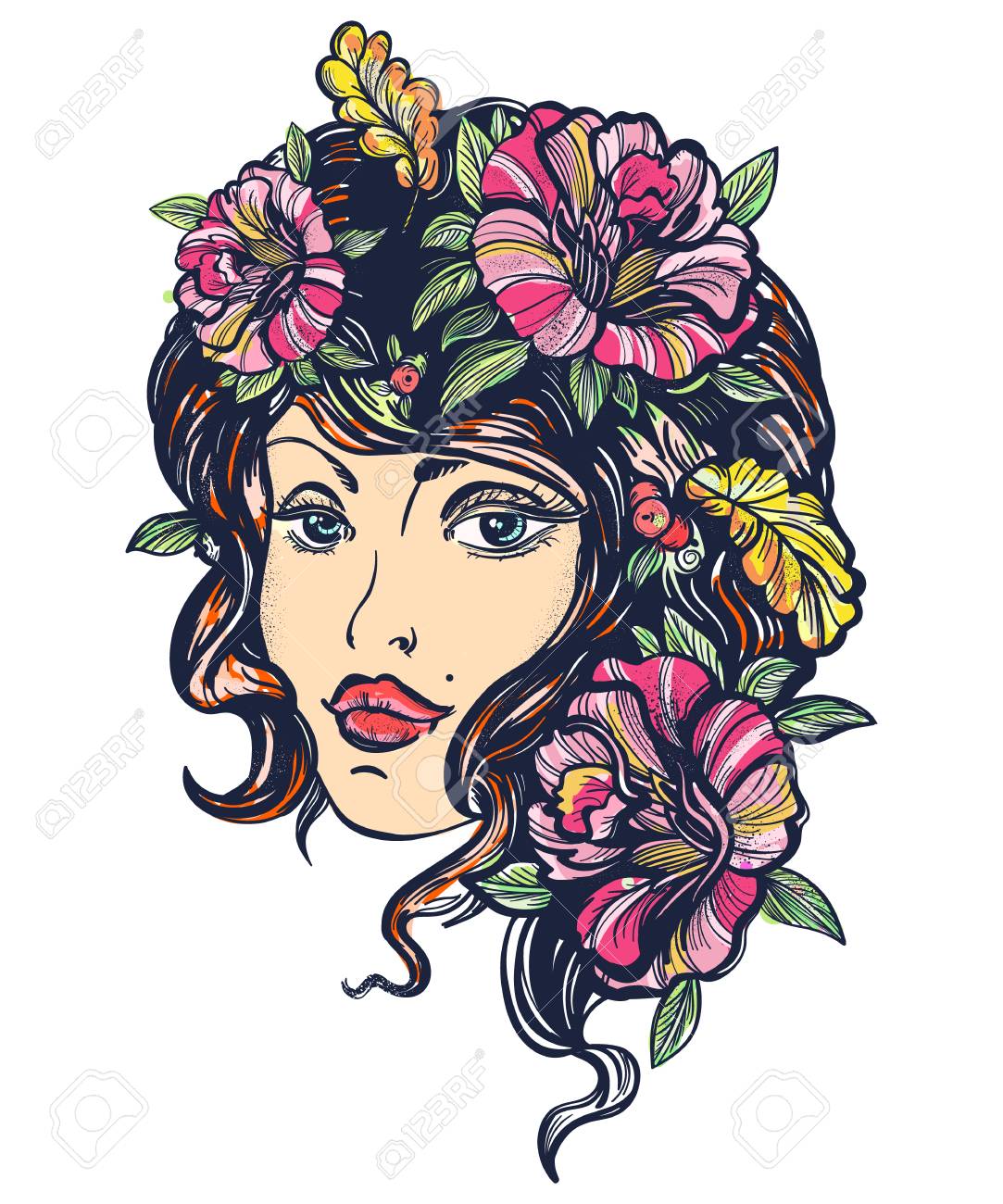 Tatuaje Del Color De La Escuela Vieja De La Mujer De La Naturaleza