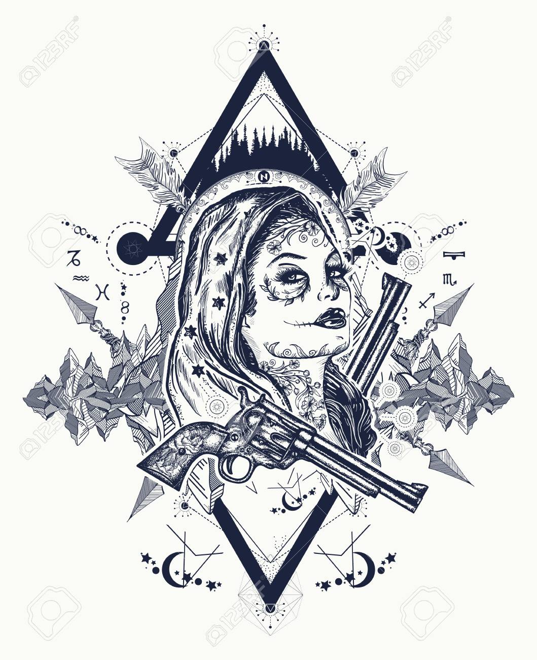 Diseño Mexicano Del Arte Y La Camiseta Del Tatuaje Criminal Tatuaje De Mujer Y Montañas Del Oeste Salvaje Chica Santa Muerte Cráneo Del Azúcar Diseño Mexicano Del Arte Y La Camiseta Del Tatuaje Criminal Tatuaje De Mujer Y Montañas Del Oeste Salvaje Chica Santa Muerte Cráneo Del Azúcar