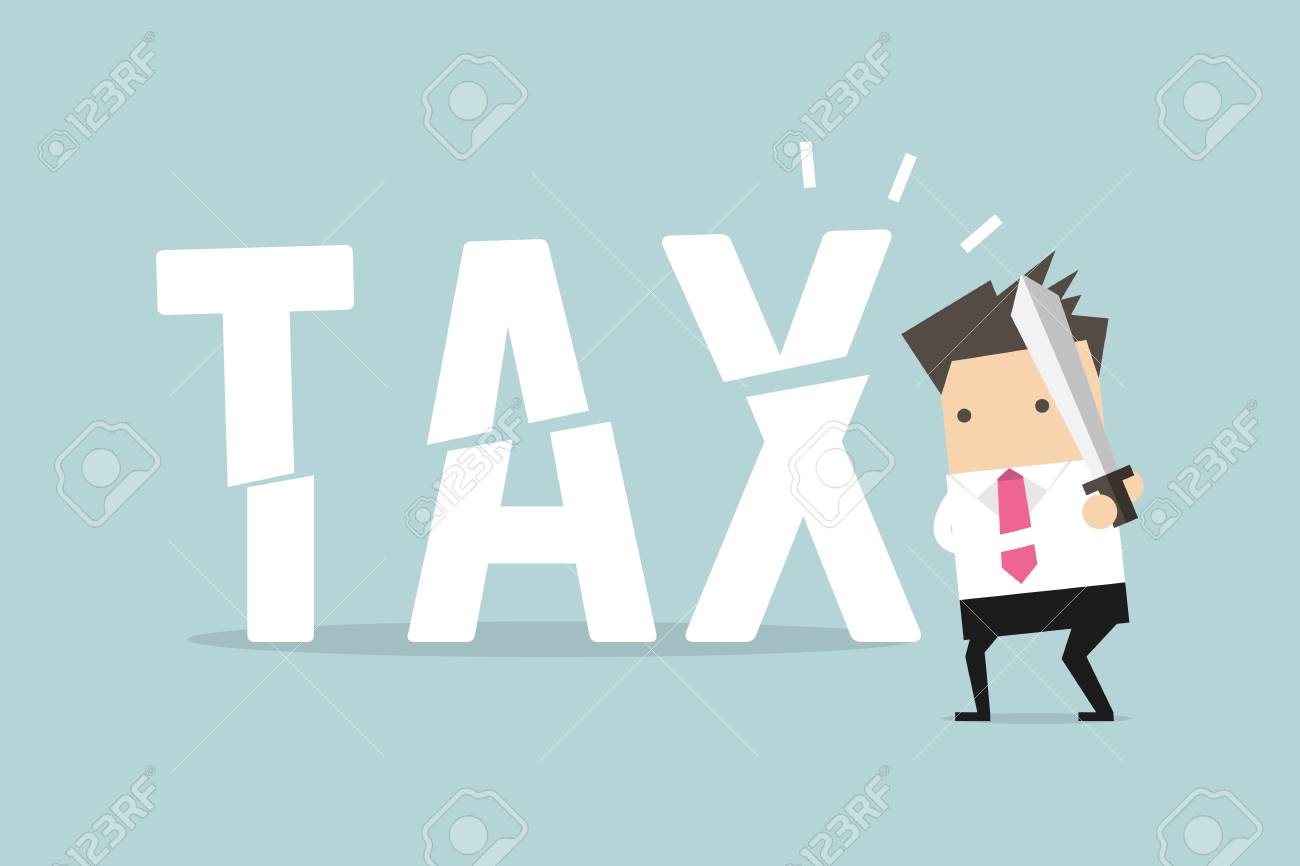 Businessman cut tax with sword. Business concept of reducing and lowering taxes. - 126250270 Businessman cut tax with sword. Business concept of reducing and lowering taxes. - 126250270
