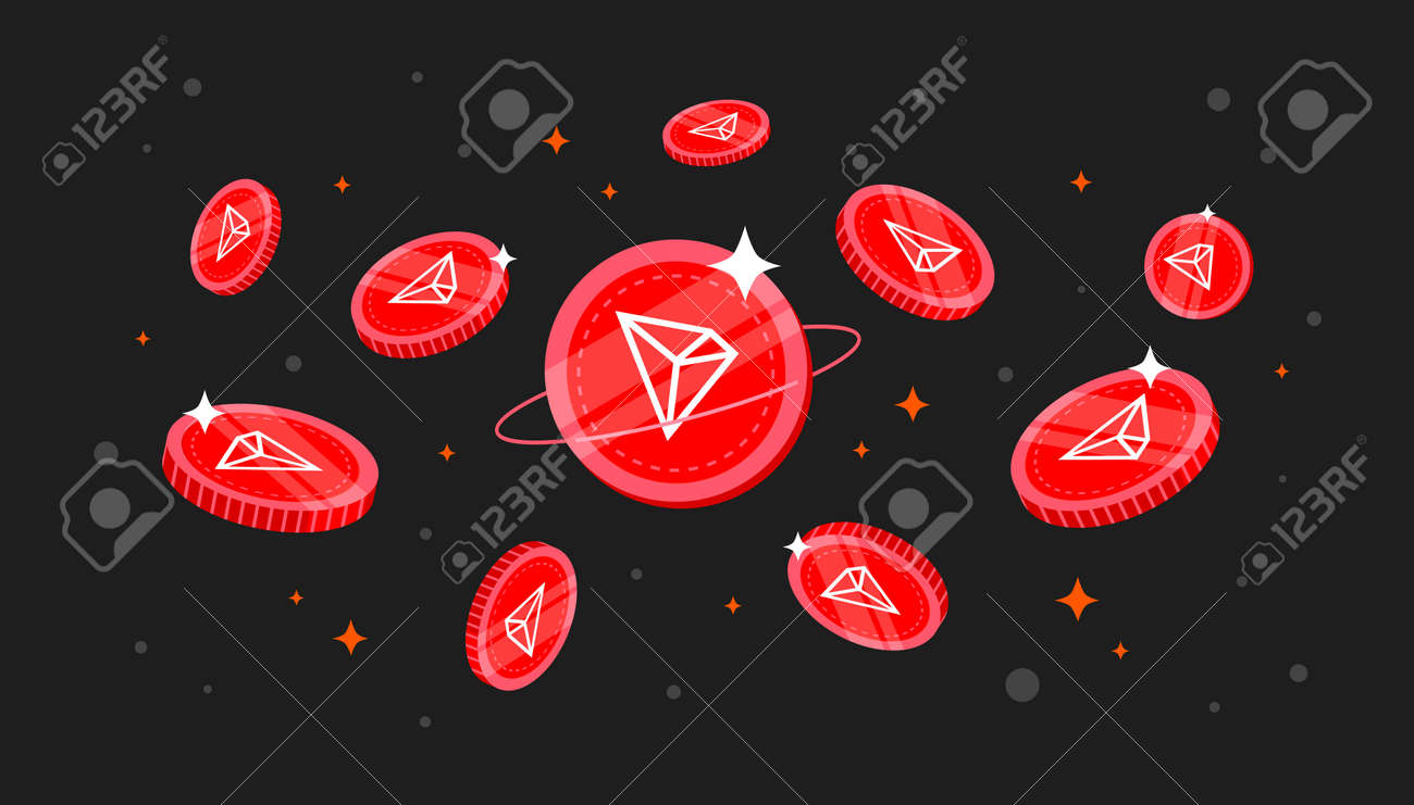 空から落ちるトロン(trx)コイン。TRX暗号通貨のコンセプトバナー背景。のイラスト素材・ベクター Image 187005459