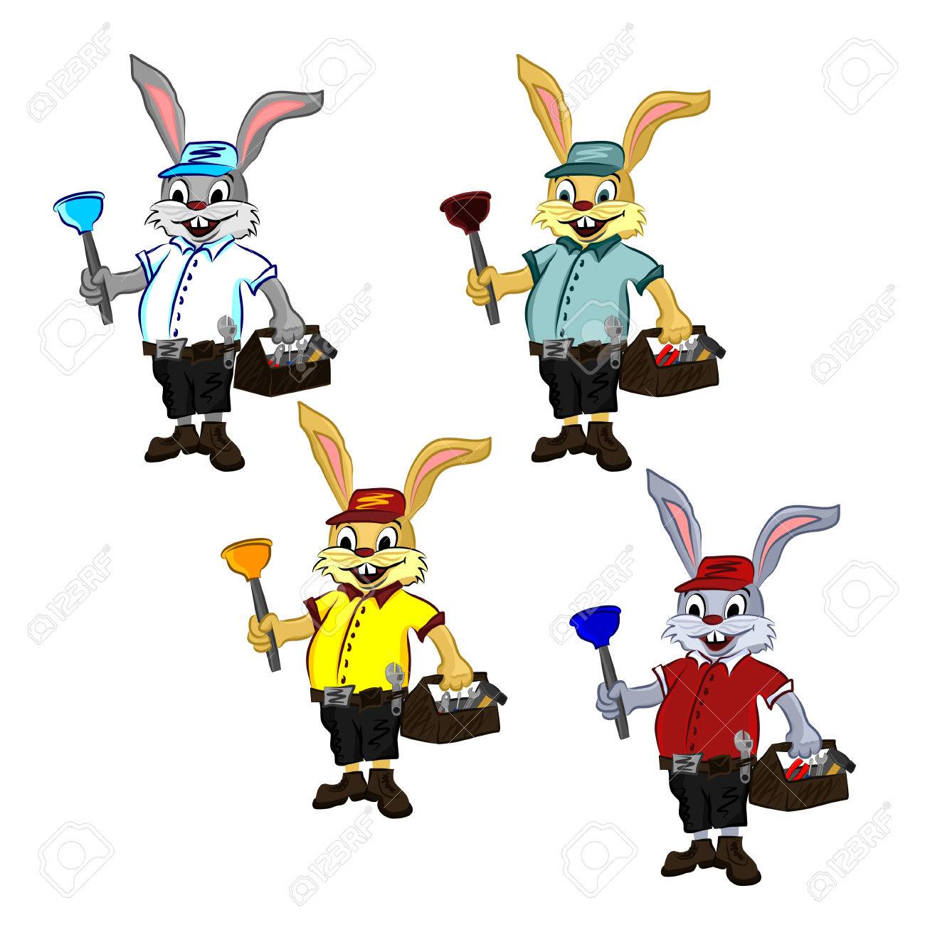 陽気ないたずら肉付きの良いウサギの配管工 キャップ シャツ ショート パンツでかわいい笑顔のウサギのベクトル カラー イラスト は ツールと プランジャーとスーツケースを保持しています のイラスト素材 ベクタ Image