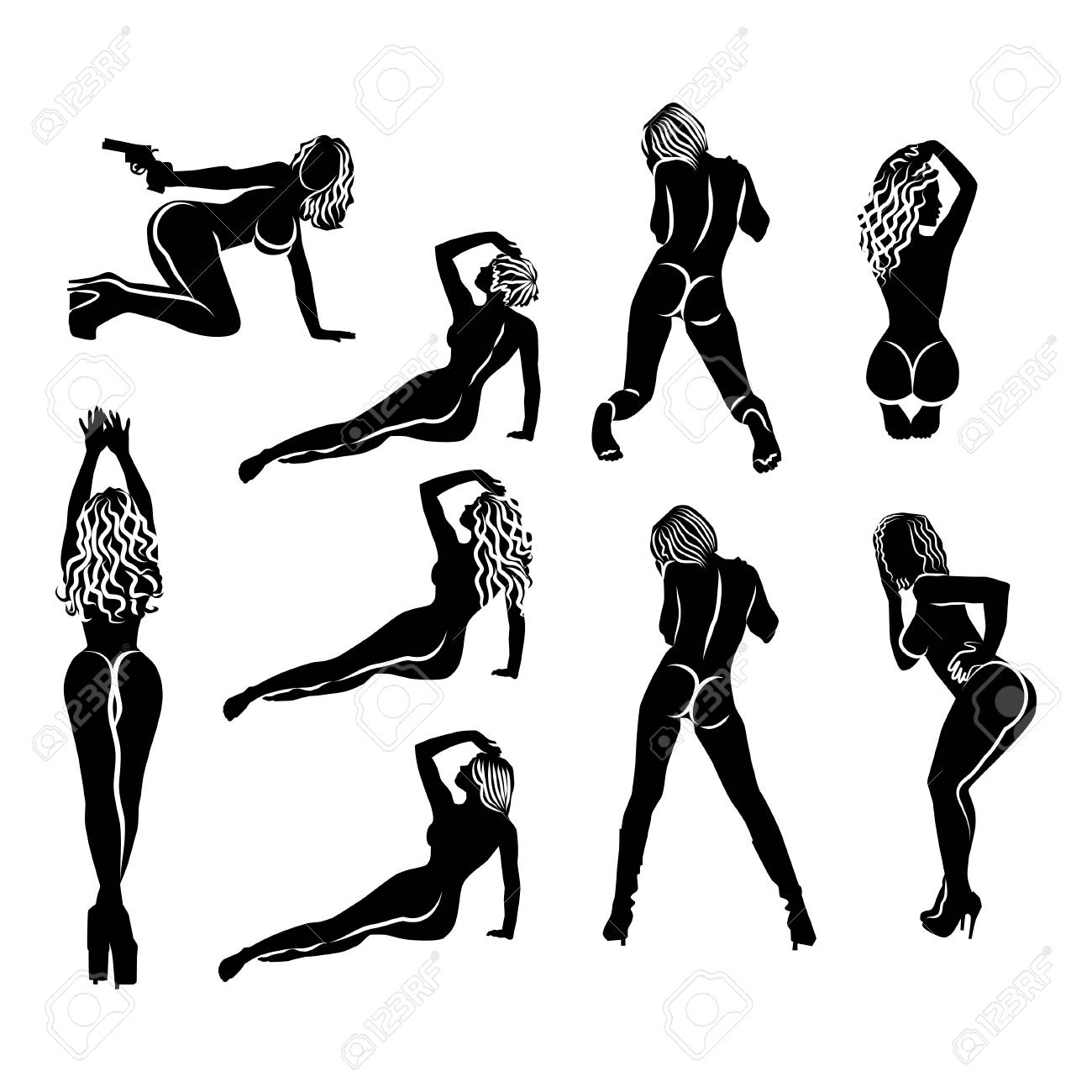 さまざまなポーズでセクシーな女の子の 9 のシンプルな黒と白の