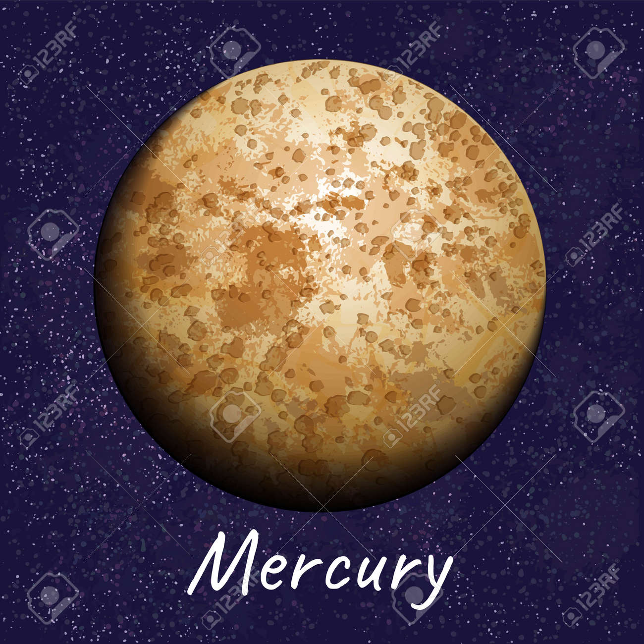 Brown Planet Mercury With Craters On Dark Blue Space Background. Vector  Realistic Illustration Of Cosmic Object From Solar System, With Caption  Royalty Free SVG, Cliparts, Vectors, and Stock Illustration. Image  182122060., image size:1300x1300