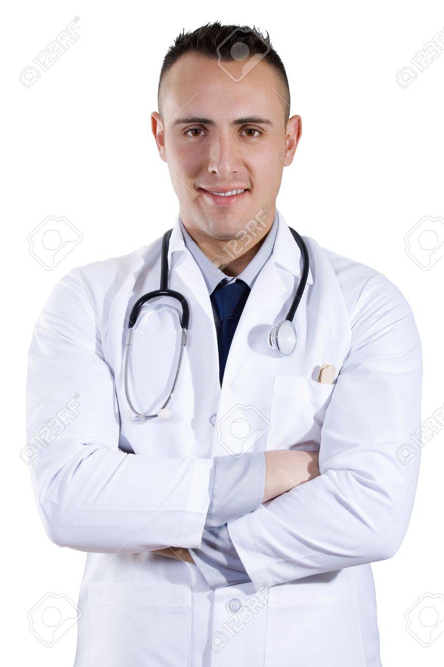 Stock Image Of Male Doctor Standing With Arms Crossed Over White