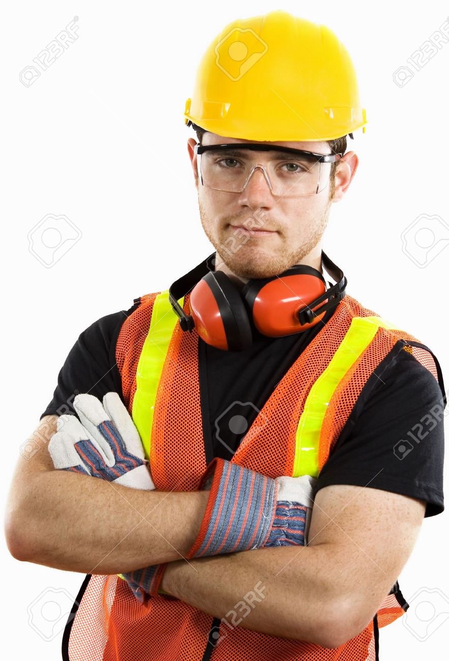 stock image of male construction worker wearing full protective worker stock