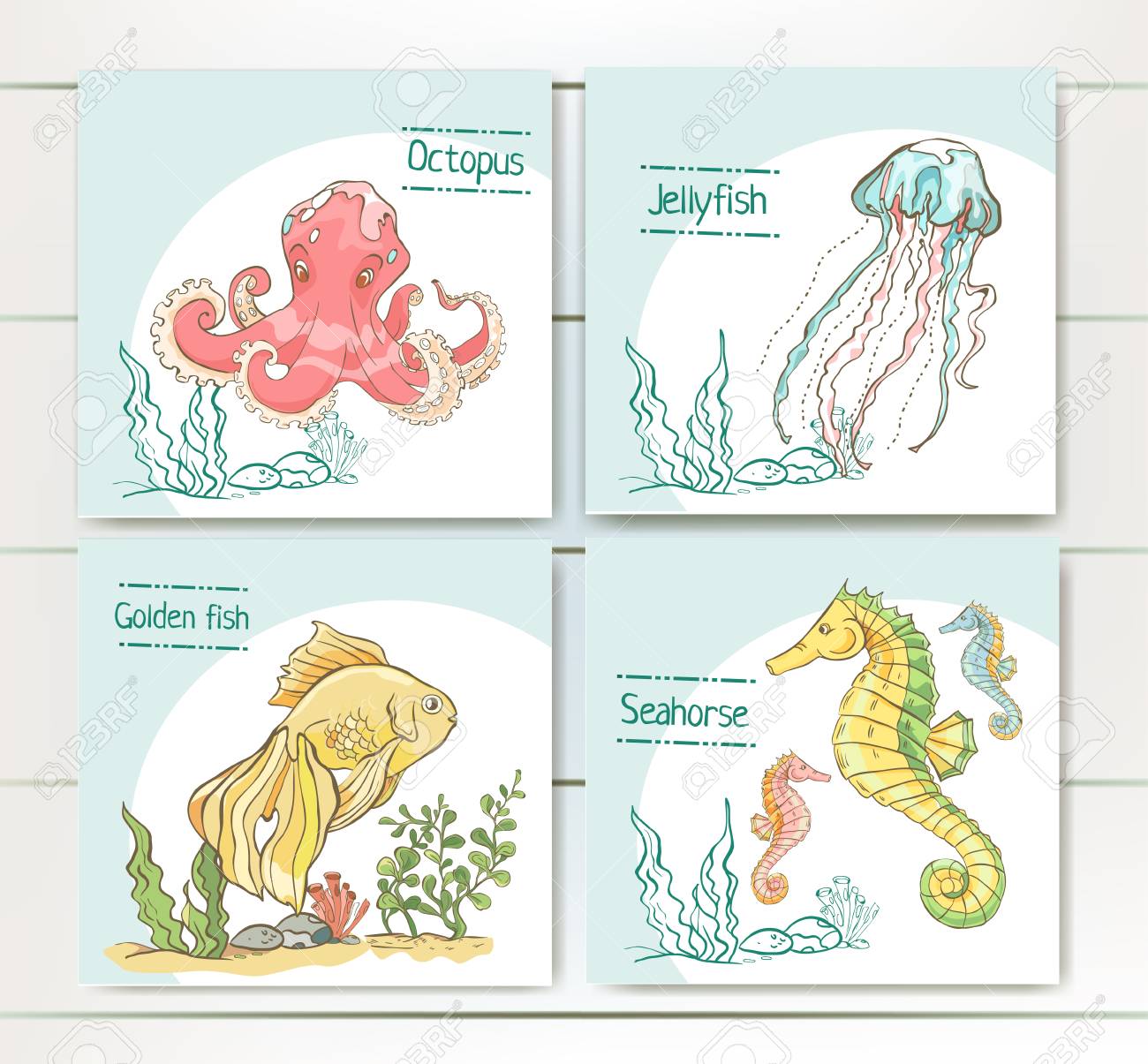 cards with hand drawn jellyfish octopus gold fish and seahorse sea horse template