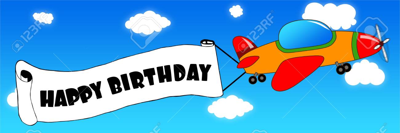 Dessin Anime Avion Et Banniere Avec Texte Joyeux Anniversaire Sur Un Fond De Ciel Bleu Concept D Illustration Banque D Images Et Photos Libres De Droits Image