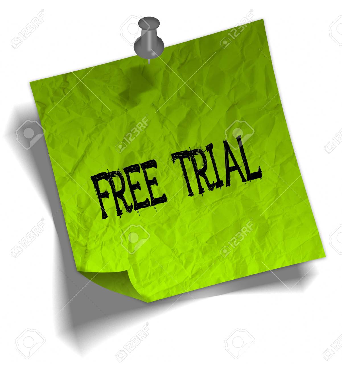 無料トライアルメッセージとプッシュピングラフィックイラストと緑のノートペーパー の写真素材 画像素材 Image