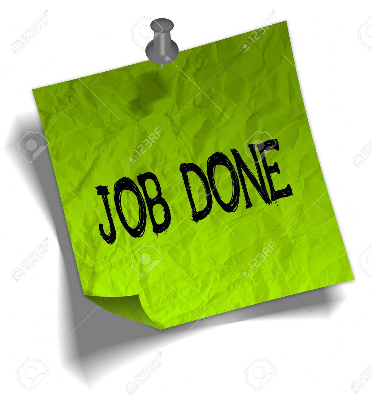 green note paper with job done message and push pin graphic push pin graphic