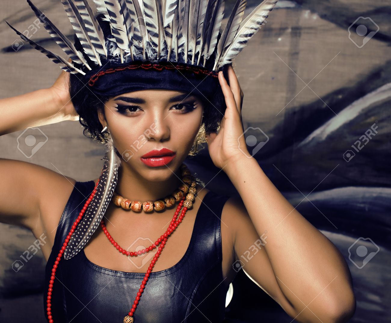 Stock Photo Young Pretty Woman With Make Up Like Red Indian Halloween Teem Stock Photo Young Pretty Woman With Make Up Like Red Indian Halloween Teem