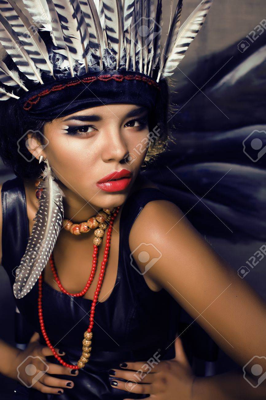 Stock Photo Young Pretty Woman With Make Up Like Red Indian Halloween Teem Celebration Stock Photo Young Pretty Woman With Make Up Like Red Indian Halloween Teem Celebration