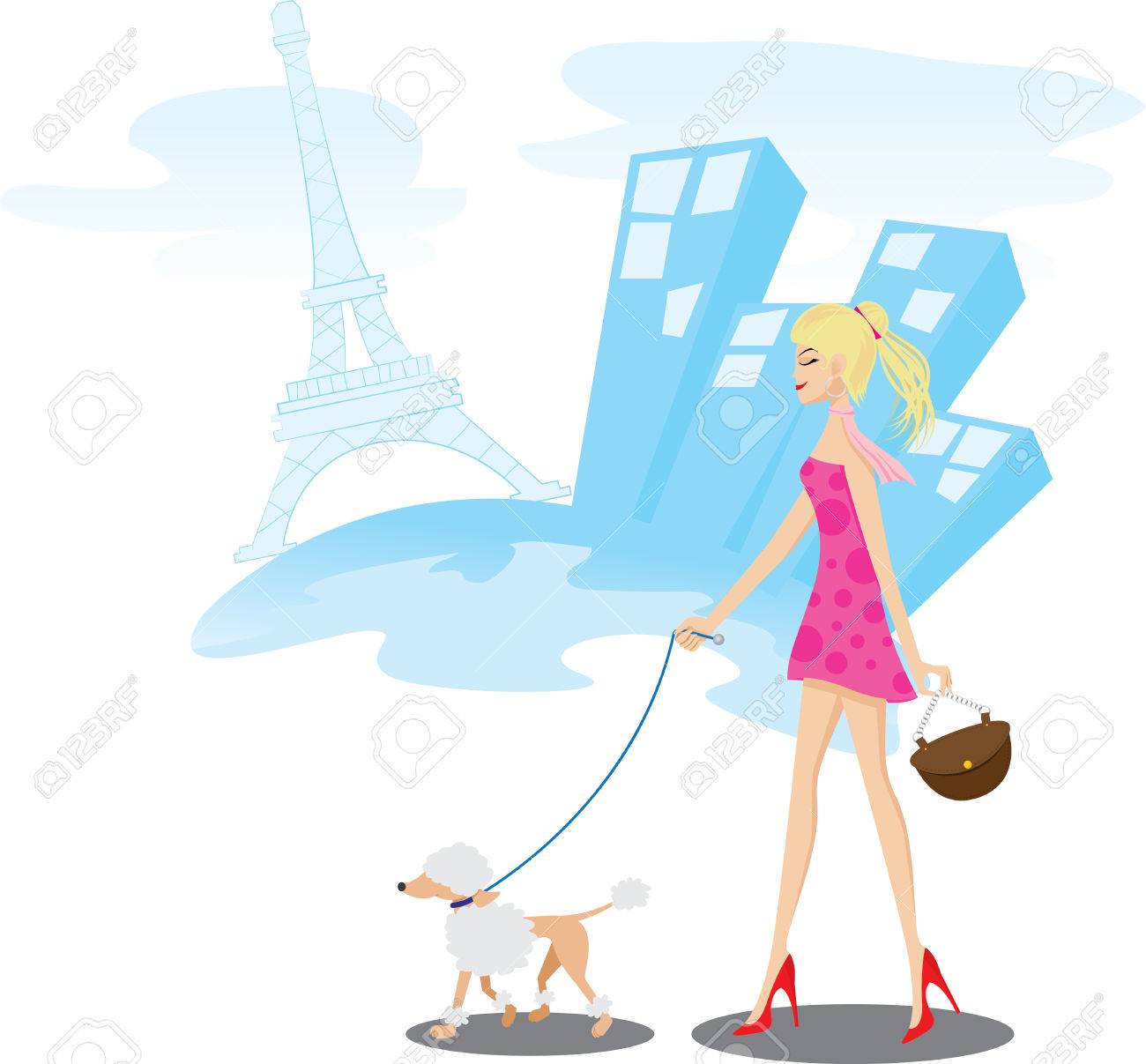 パリの 1 つのプードル犬を連れて歩いて女の子のイラスト ライフ スタイルのコンセプトです グラデーションとクリッピング マスクが含まれます の イラスト素材 ベクタ Image