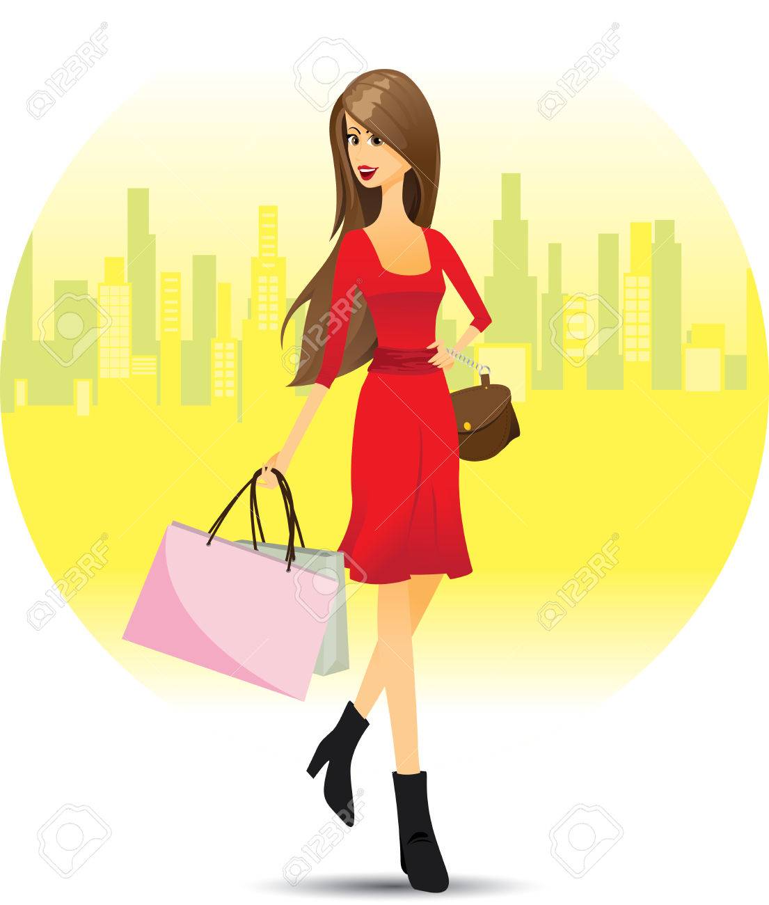 市内でのショッピングの女の子のイラスト ライフ スタイルのコンセプトです のイラスト素材 ベクタ Image