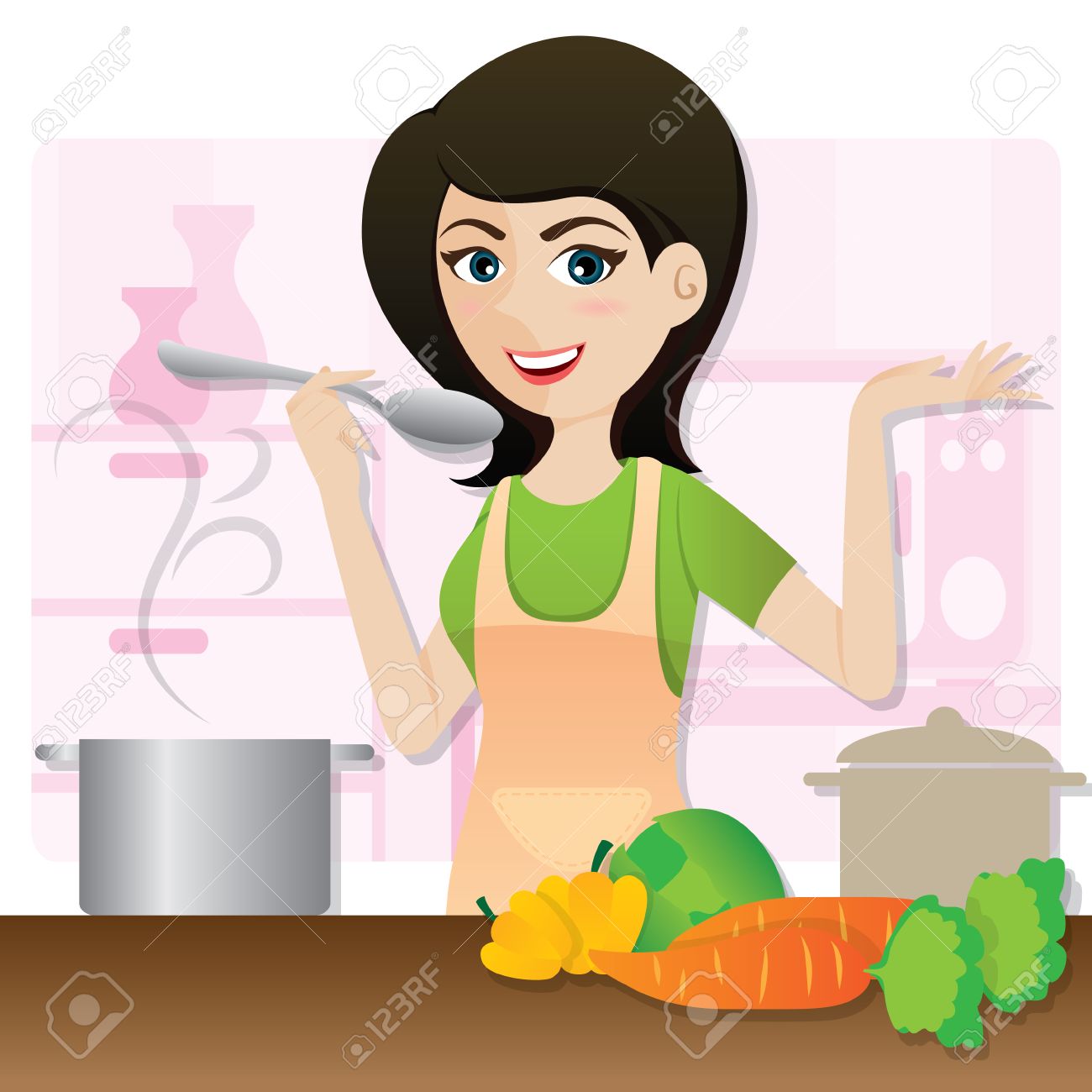 Illustration Of Cartoon Smart Girl Cooking Vegetarian Soup In