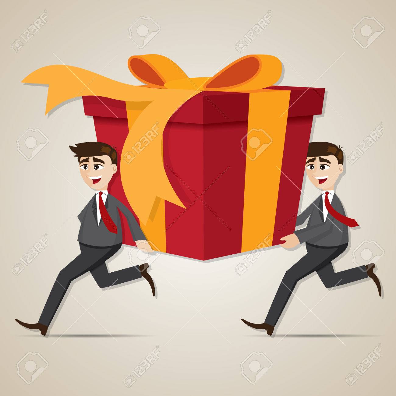 illustration of cartoon businessman carrying big gift box royalty