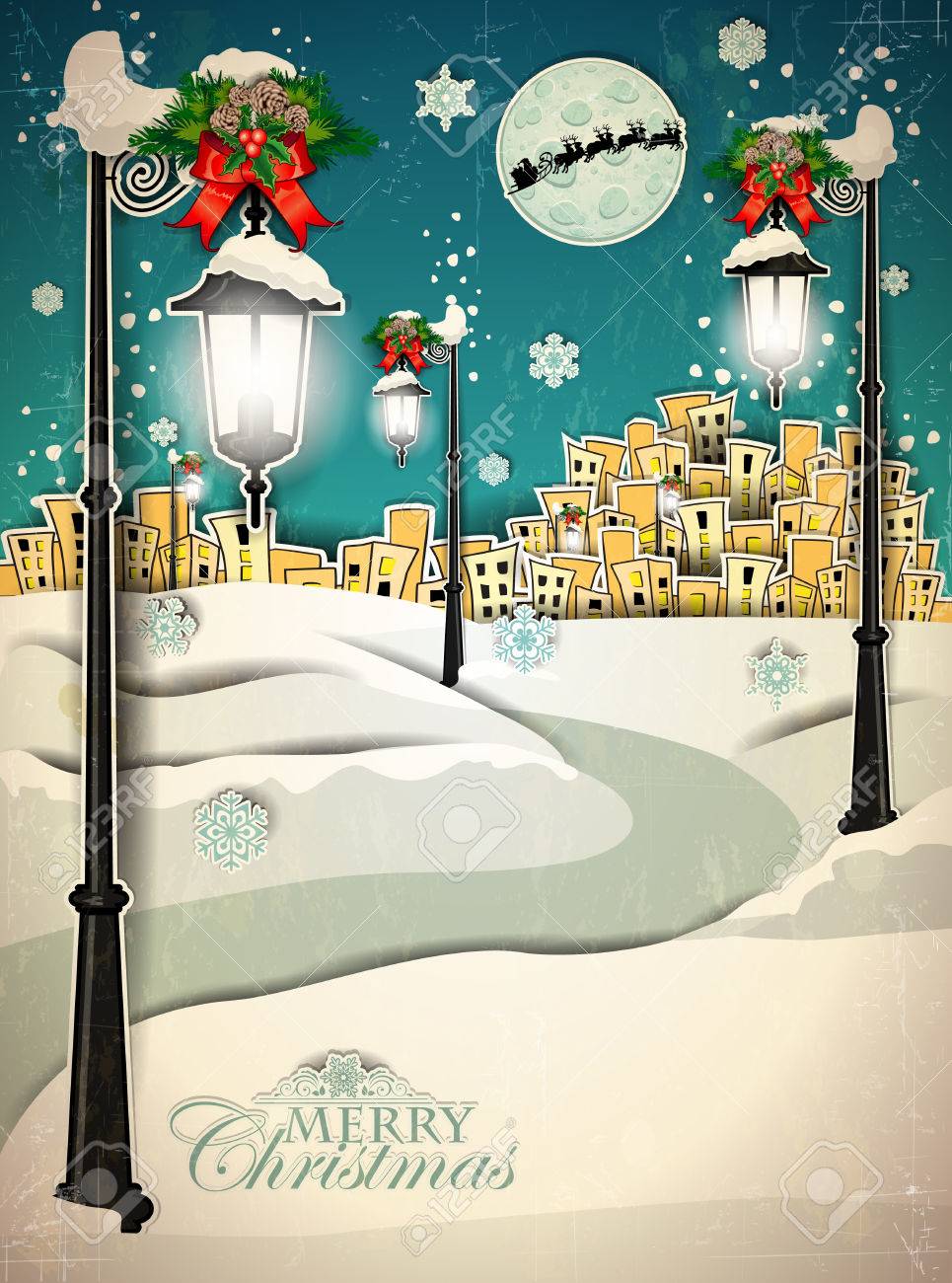 Immagini Babbo Natale Vintage.Vettoriale Paese Innevato A Natale Con Effetti Di Babbo Natale In Slitta Vintage Puo Essere Rimosso Image 32951098