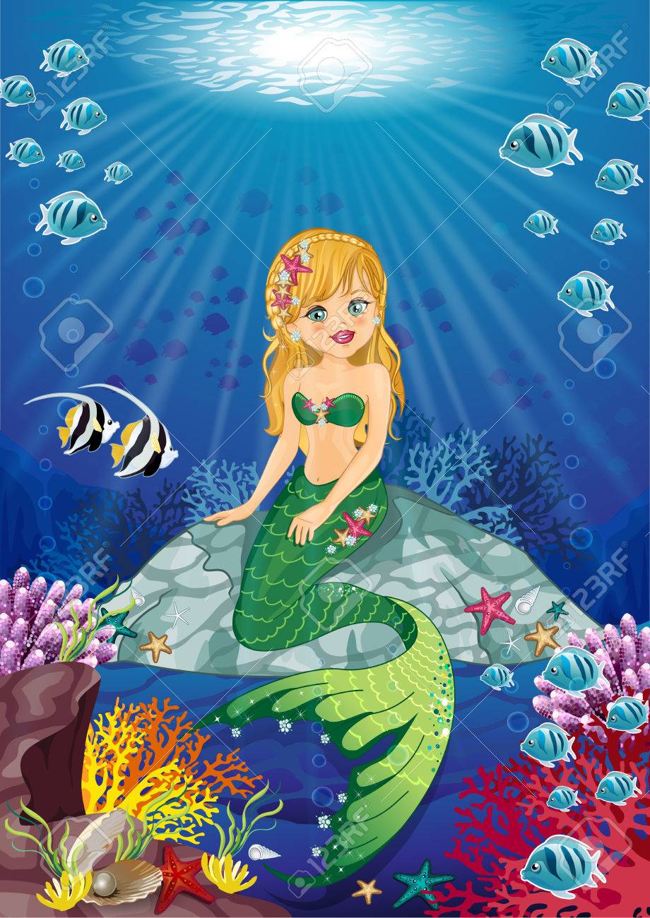 リトルマーメイド海床編集可能な様々 なレベル透明ブレンド効果やグラデーション メッシュの上に座って のイラスト素材 ベクタ Image