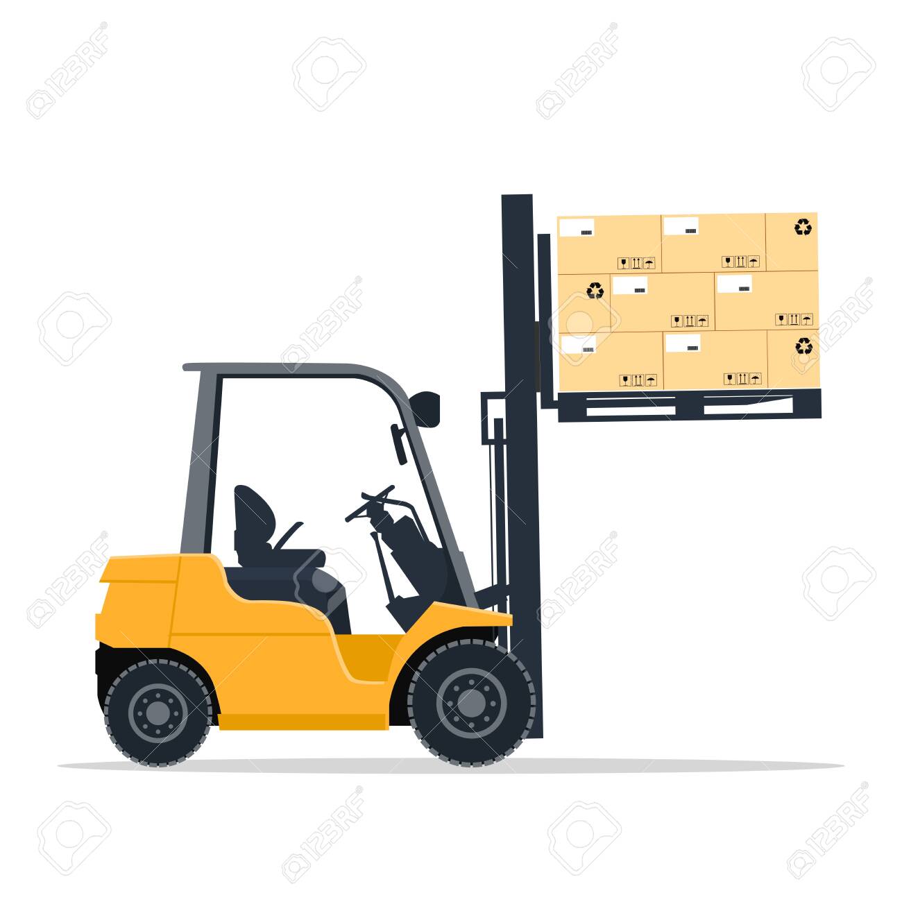 De Carretilla Elevadora Industrial Levantando Cajas De Cartón En Un Palet Ilustraciones Svg, Vectoriales, Art Vectorizado Libre Derechos. Image 142656934.