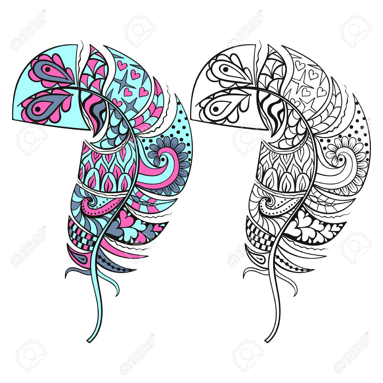 Zentangle Stylized Tribal Color And Monochrome Feathers For Coloring