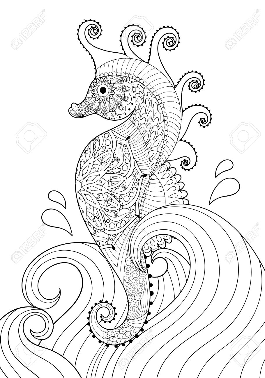 大人ぬりえ落書き Zentangle スタイル メキシコ民族装飾用パターン印刷 モノクロのスケッチ ページ サイズの波で描かれた芸術的な海の馬の手します 花の印刷可能なベクター イラストです のイラスト素材 ベクタ Image