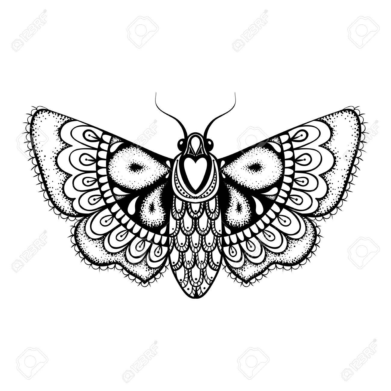 手描き芸術的黒蝶 アンチ ストレスぬり絵タトゥー T シャツ 大人の Zentangle スタイルのかわいい装飾パターン飛行蛾です ベクトルの白黒 イラストです のイラスト素材 ベクタ Image